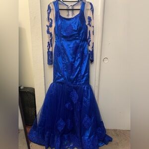 Custom Blue Transparent Embroidered Long Sleeve Chiffon Mesh Ball Gown Dress